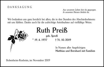 Traueranzeige von Ruth Preiß von vrm-trauer