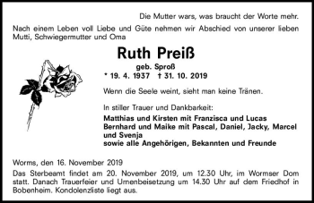 Traueranzeige von Ruth Preiß von vrm-trauer