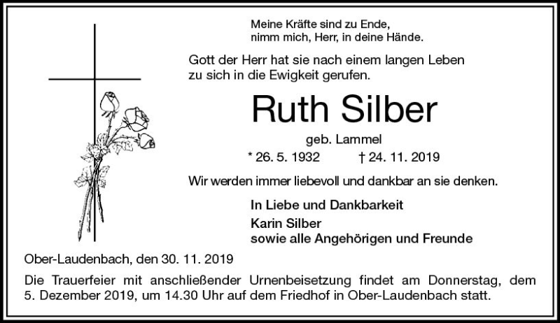  Traueranzeige für Ruth Silber vom 30.11.2019 aus vrm-trauer