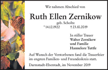 Traueranzeige von Ruth Ellen Zernikow von vrm-trauer