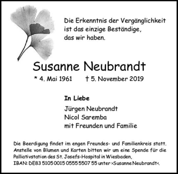 Traueranzeige von Susanne Neubrandt von vrm-trauer