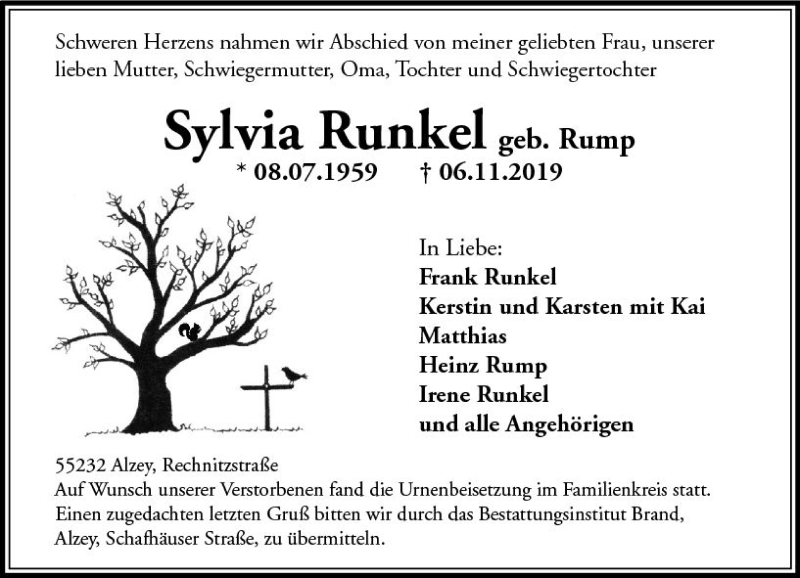  Traueranzeige für Sylvia Runkel vom 16.11.2019 aus vrm-trauer