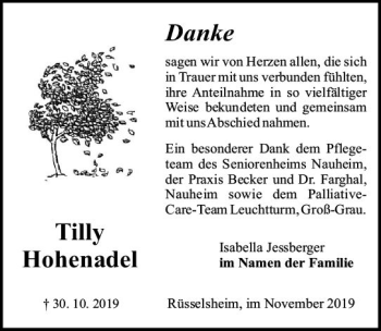 Traueranzeige von Tilly Hohenadel von vrm-trauer