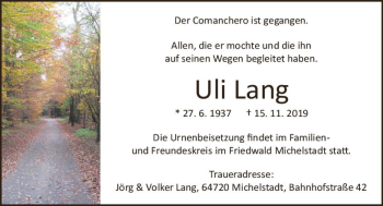 Traueranzeige von Uli Lang von vrm-trauer