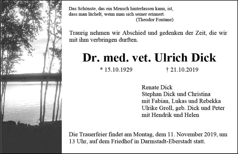  Traueranzeige für Ulrich Dick vom 02.11.2019 aus vrm-trauer