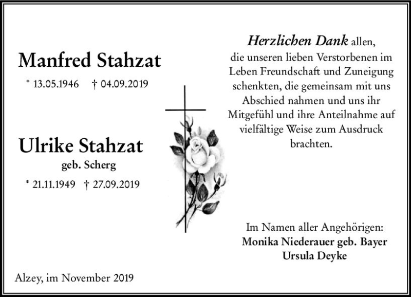  Traueranzeige für Ulrike Stahzat vom 30.11.2019 aus vrm-trauer