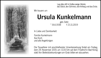 Traueranzeige von Ursula Kunkelmann von vrm-trauer