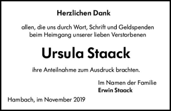 Traueranzeige von Ursula Staack von vrm-trauer