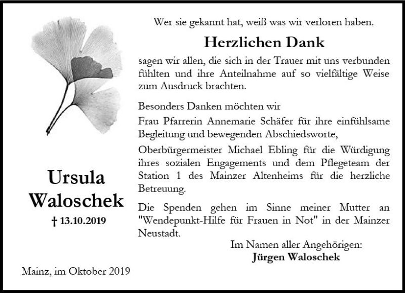  Traueranzeige für Ursula Waloschek vom 02.11.2019 aus vrm-trauer