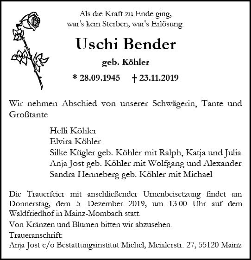  Traueranzeige für Uschi Bender vom 30.11.2019 aus vrm-trauer