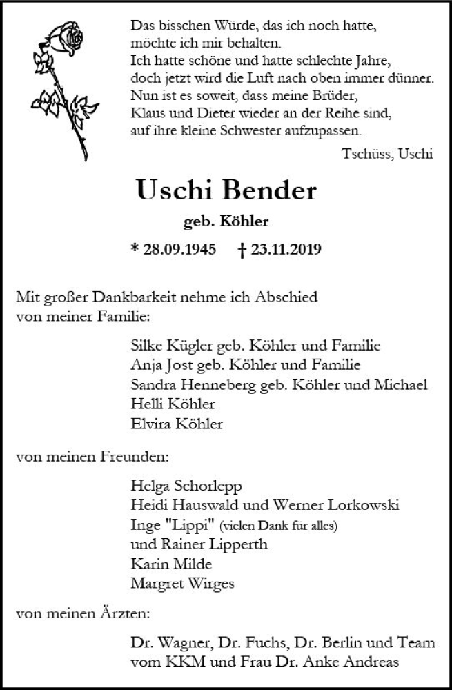  Traueranzeige für Uschi Bender vom 30.11.2019 aus vrm-trauer
