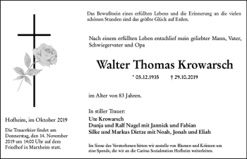 Traueranzeige von Walter Thomas Krowarsch von vrm-trauer