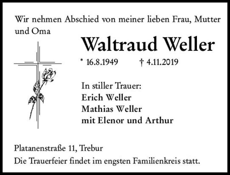  Traueranzeige für Waltraud Weller vom 11.11.2019 aus vrm-trauer