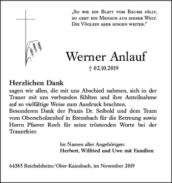 Traueranzeige von Werner Anlauf von vrm-trauer
