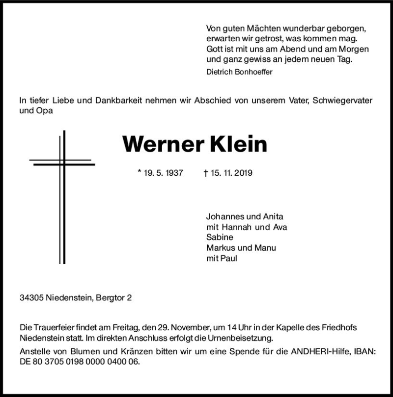  Traueranzeige für Werner Klein vom 23.11.2019 aus vrm-trauer