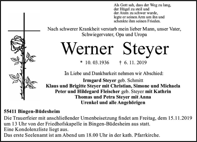  Traueranzeige für Werner Steyer vom 09.11.2019 aus vrm-trauer