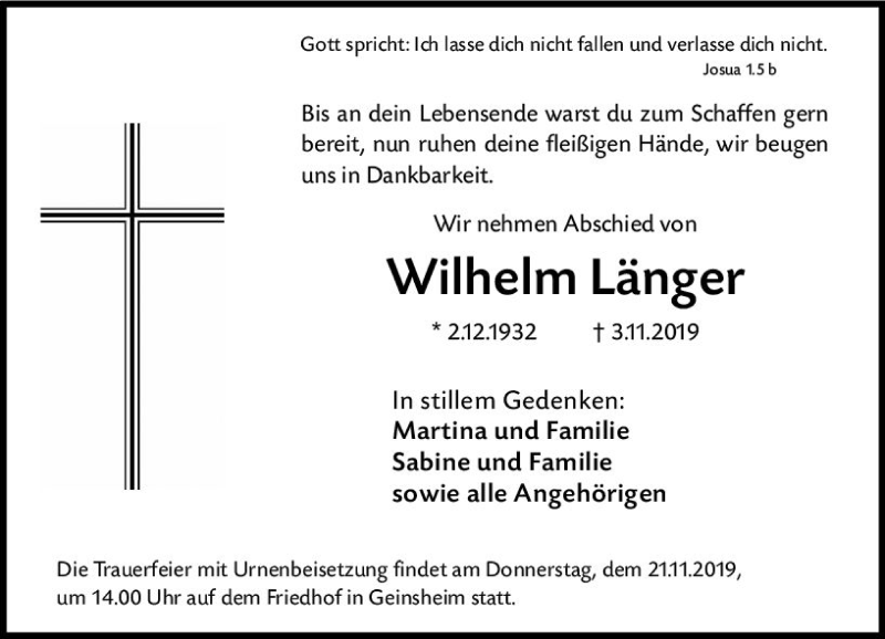  Traueranzeige für Wilhelm Länger vom 18.11.2019 aus vrm-trauer