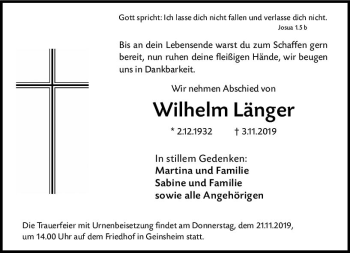 Traueranzeige von Wilhelm Länger von vrm-trauer