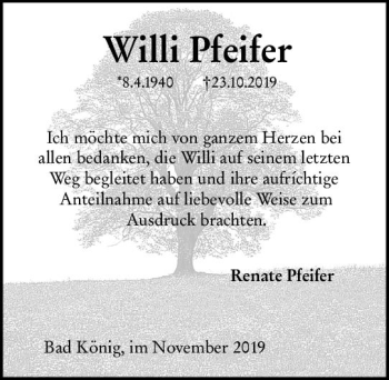 Traueranzeige von Willi Pfeifer von vrm-trauer