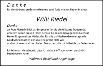 Traueranzeige von Willi Riedel von vrm-trauer