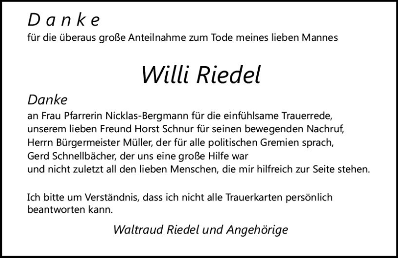  Traueranzeige für Willi Riedel vom 16.11.2019 aus vrm-trauer