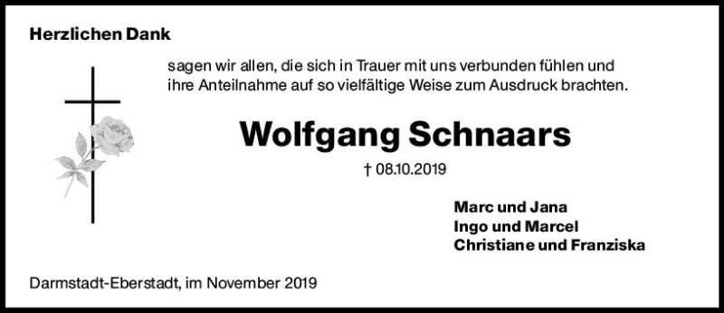  Traueranzeige für Wolfgang Schnaars vom 02.11.2019 aus vrm-trauer