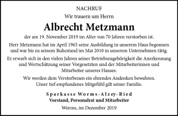Traueranzeige von Albrecht Metzmann von vrm-trauer