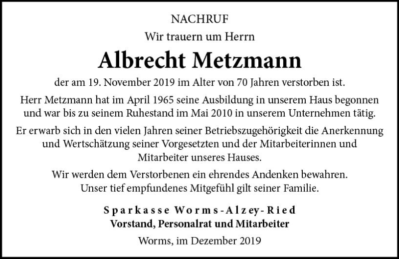  Traueranzeige für Albrecht Metzmann vom 02.12.2019 aus vrm-trauer