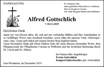 Traueranzeige von Alfred Gottschlich von vrm-trauer