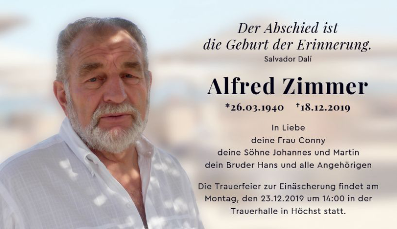  Traueranzeige für Alfred Zimmer vom 21.12.2019 aus vrm-trauer
