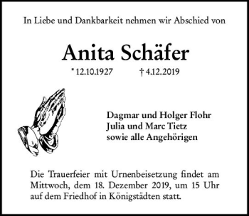 Traueranzeige von Anita Schäfer von vrm-trauer