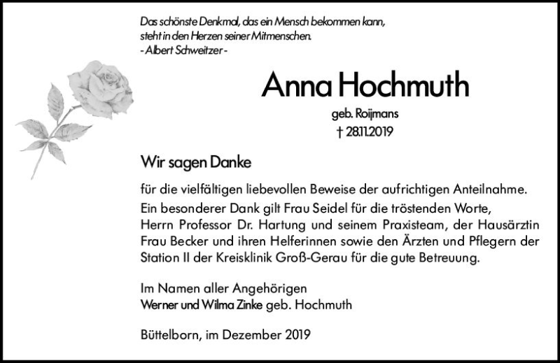  Traueranzeige für Anna Hochmuth vom 21.12.2019 aus vrm-trauer