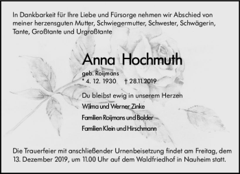 Traueranzeige von Anna Hochmuth von vrm-trauer