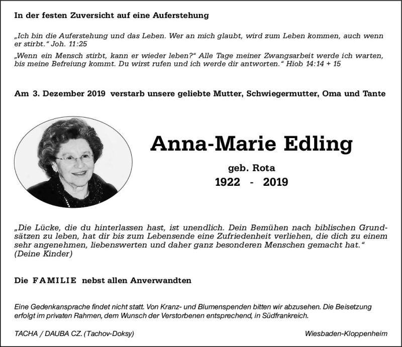 Traueranzeige für Anna-Marie Edling vom 14.12.2019 aus vrm-trauer