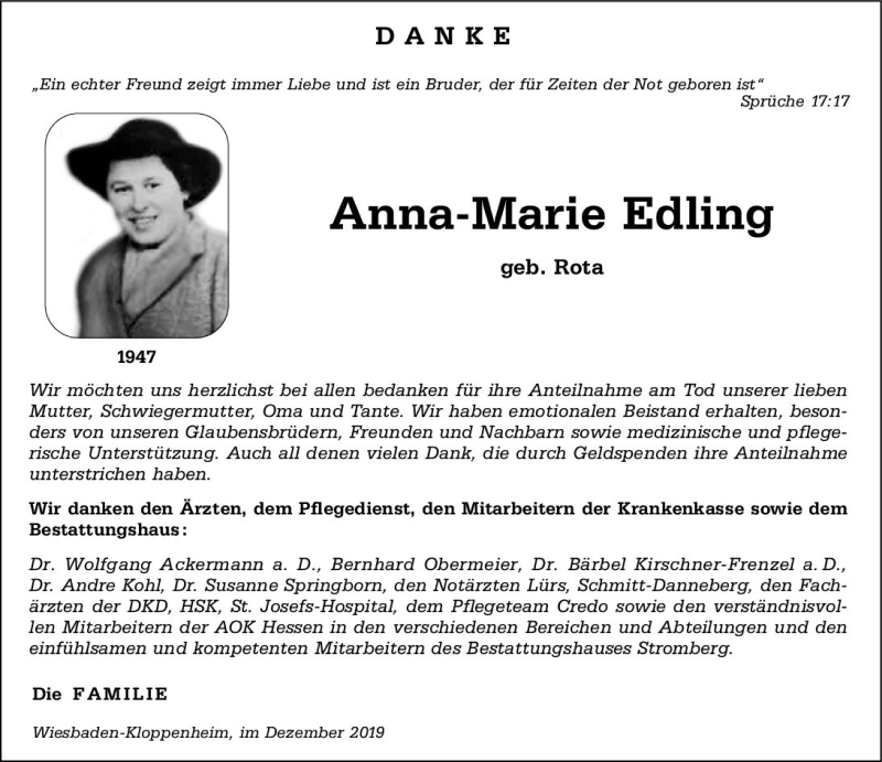  Traueranzeige für Anna-Marie Edling vom 28.12.2019 aus vrm-trauer
