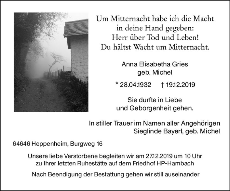  Traueranzeige für Anna Elisabetha Gries vom 24.12.2019 aus vrm-trauer