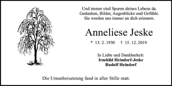 Traueranzeige von Anneliese Jeske von vrm-trauer