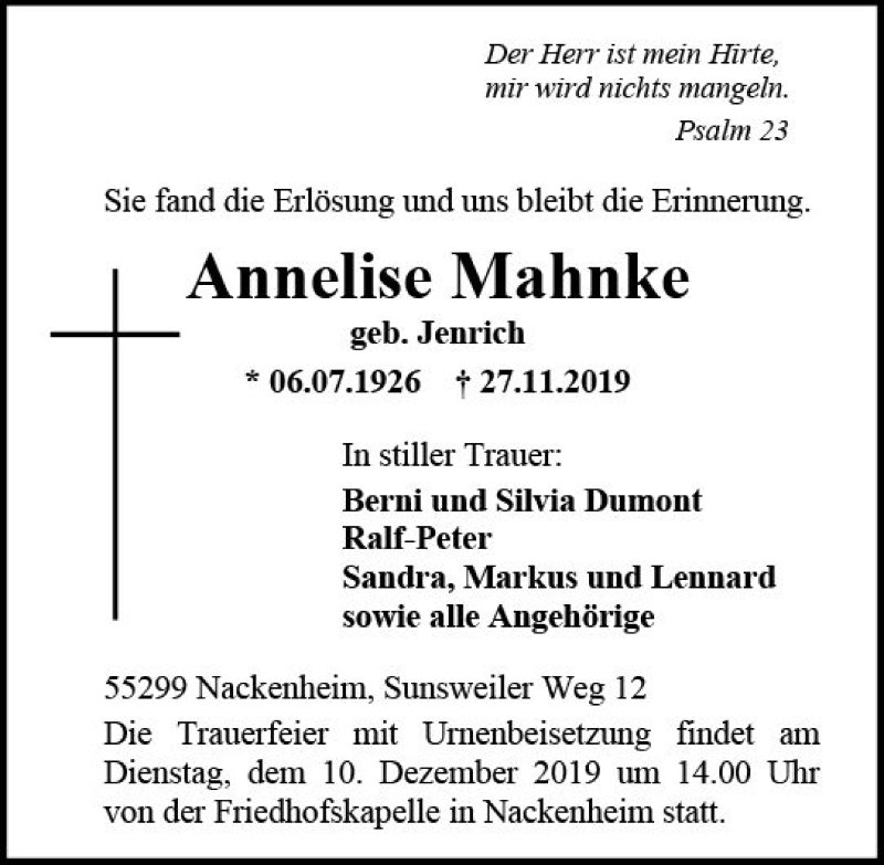  Traueranzeige für Annelise Mahnke vom 07.12.2019 aus vrm-trauer