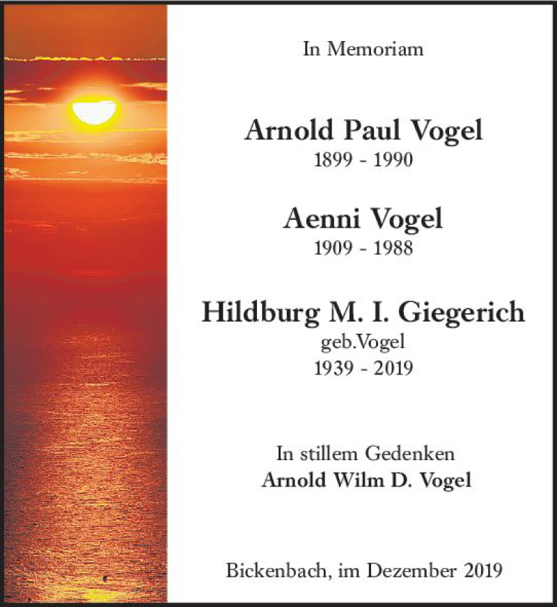  Traueranzeige für Arnold Paul Vogel vom 18.12.2019 aus vrm-trauer