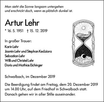 Traueranzeige von Artur Lehr von  Wetzlarer Neue Zeitung