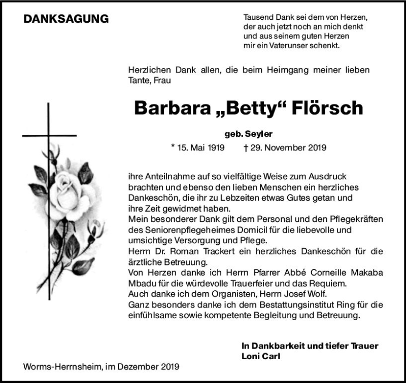  Traueranzeige für Barbara Betty Flörsch vom 28.12.2019 aus vrm-trauer