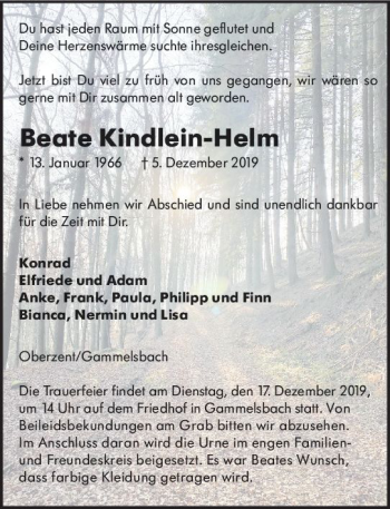 Traueranzeige von Beate Kindlein-Helm von vrm-trauer