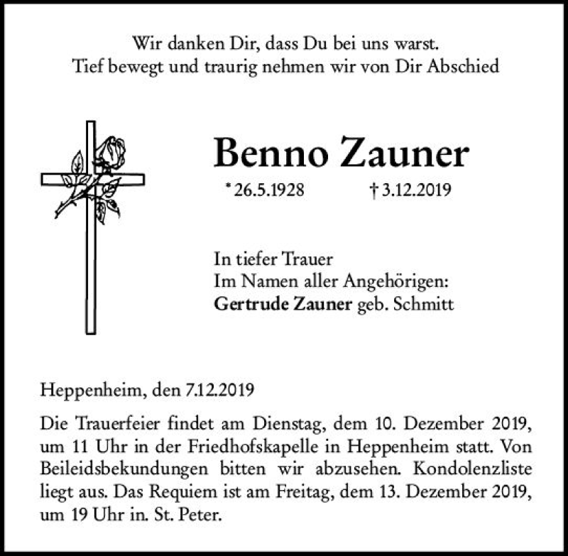  Traueranzeige für Benno Zauner vom 07.12.2019 aus vrm-trauer