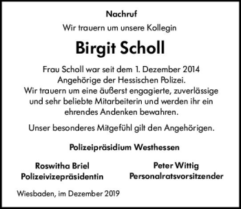 Traueranzeige von Birgit Scholl von vrm-trauer