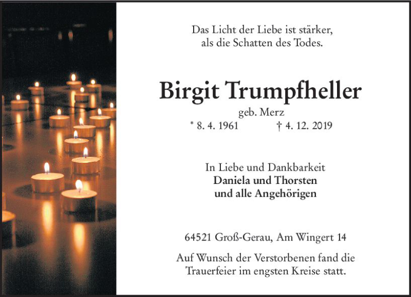  Traueranzeige für Birgit Trumpfheller vom 21.12.2019 aus vrm-trauer