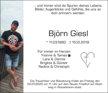 Traueranzeige von Björn Giesl von vrm-trauer
