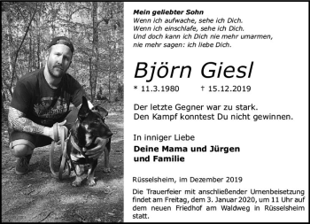 Traueranzeige von Björn Giesl von vrm-trauer
