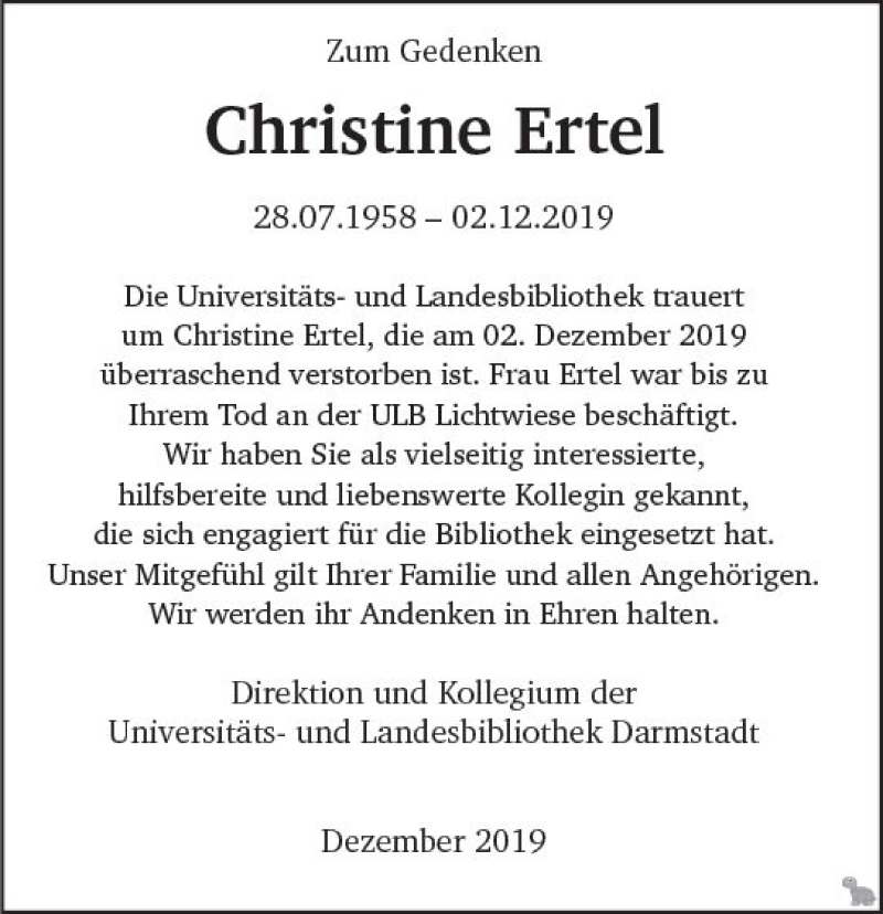 Traueranzeige für Christine Ertel vom 16.12.2019 aus vrm-trauer