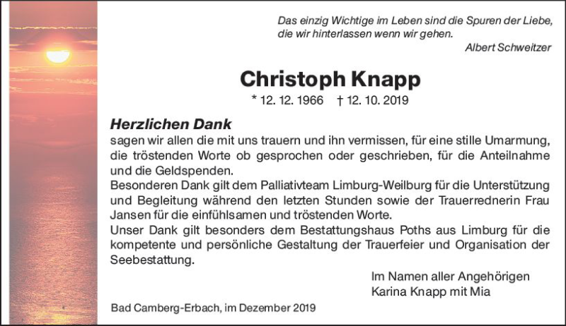  Traueranzeige für Christoph Knapp vom 19.12.2019 aus  Camberger Anzeiger