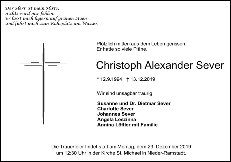  Traueranzeige für Christoph Alexander Sever vom 21.12.2019 aus vrm-trauer